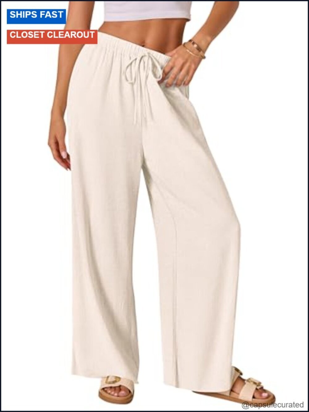 Cotton Linen Drawstring Wide Leg Palazzo Pants with Pockets
